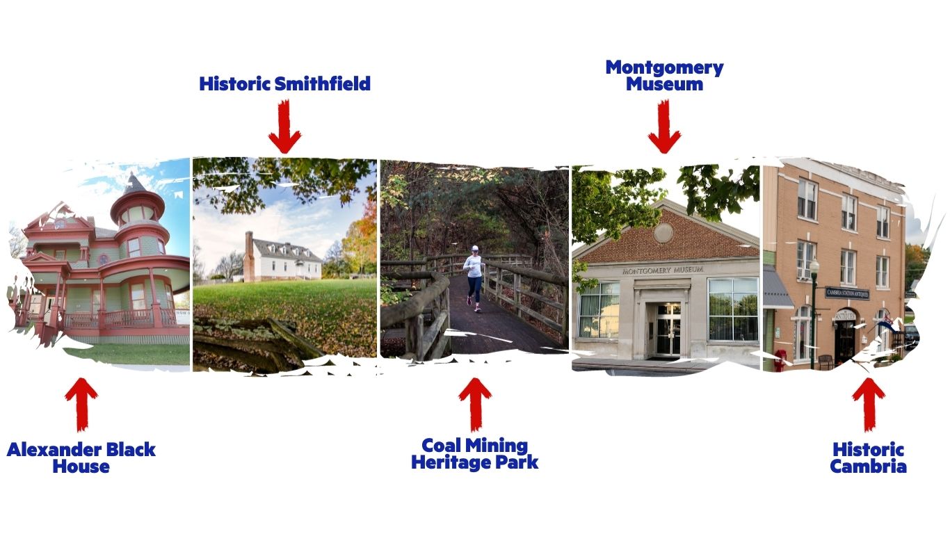 Historic Montgomery County locations: Alexander Black House, Historic Smithfield, Coal Mining Heritage Park, Montgomery Museum, Historic Cambria